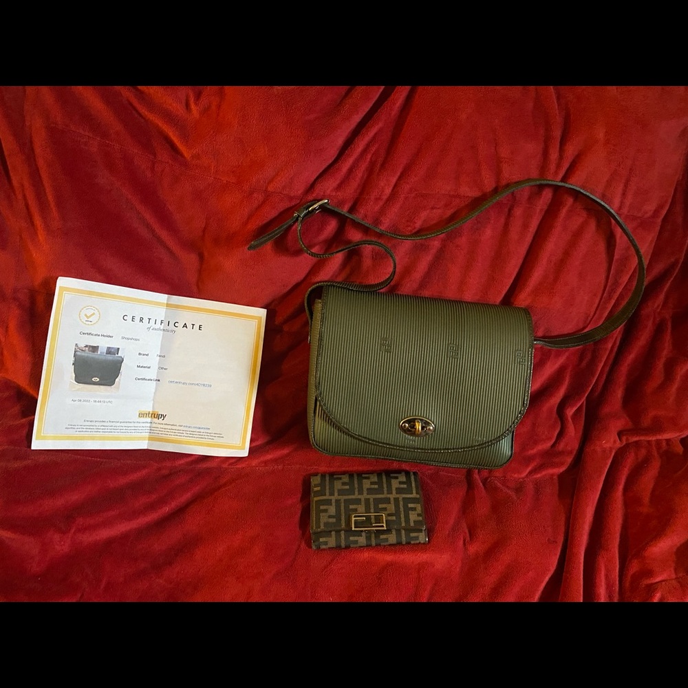 Fendi crossbody green. This bundle with pouch and wallet. Auth certification.
